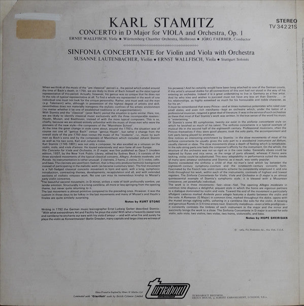 Carl Stamitz, Ernst Wallfisch, Württembergisches Kammerorchester, Jörg Faerber, Susanne Lautenbacher, Stuttgarter Solisten : Concerto In D Major For Viola And Orchestra, Op. 1 / Sinfonia Concertante For Violin And Viola With Orchestra (LP)