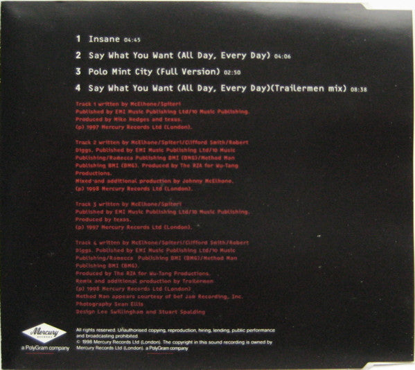 Texas Featuring Wu-Tang Clan : Insane / Say What You Want (All Day, Every Day) (CD, Single)
