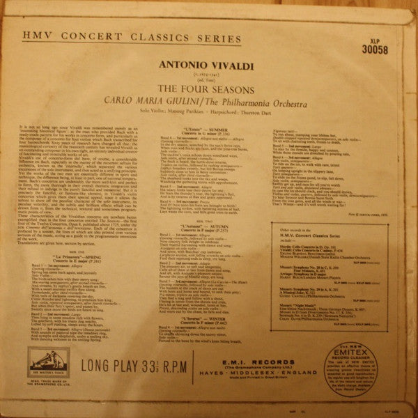 Antonio Vivaldi, Carlo Maria Giulini / Philharmonia Orchestra : The Four Seasons (LP, Album, RE)