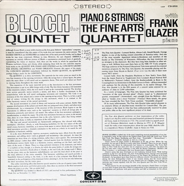 Ernest Bloch, The Fine Arts Quartet With Frank Glazer : Quintet For Piano & Strings (LP, Album)