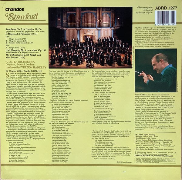 Charles Villiers Stanford, Vernon Handley, Ulster Orchestra : Symphony No. 5 In D Major 'L'Allegro Ed Il Penseroso', Irish Rhapsody No. 4 (LP)
