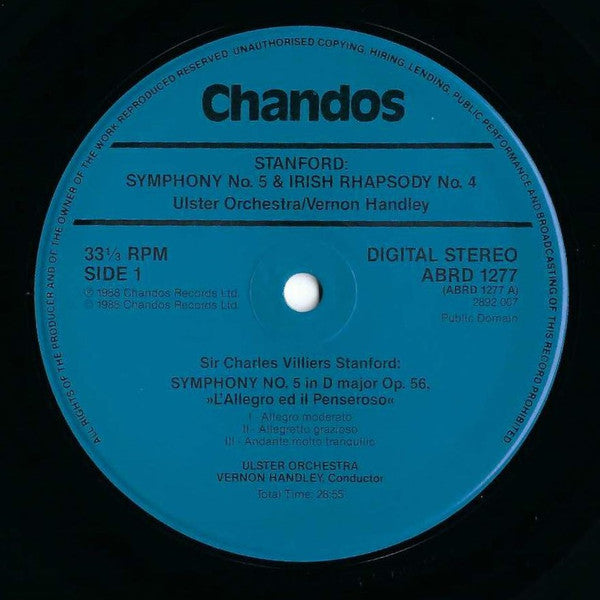Charles Villiers Stanford, Vernon Handley, Ulster Orchestra : Symphony No. 5 In D Major 'L'Allegro Ed Il Penseroso', Irish Rhapsody No. 4 (LP)