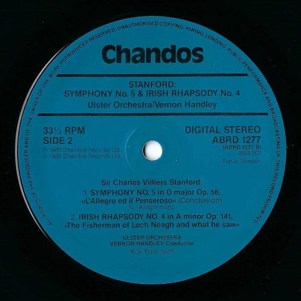 Charles Villiers Stanford, Vernon Handley, Ulster Orchestra : Symphony No. 5 In D Major 'L'Allegro Ed Il Penseroso', Irish Rhapsody No. 4 (LP)