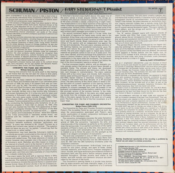 William Schuman / Walter Piston - Gary Steigerwalt : Concerto For Piano And Orchestra / Concertino For Piano And Chamber Orchestra (LP)