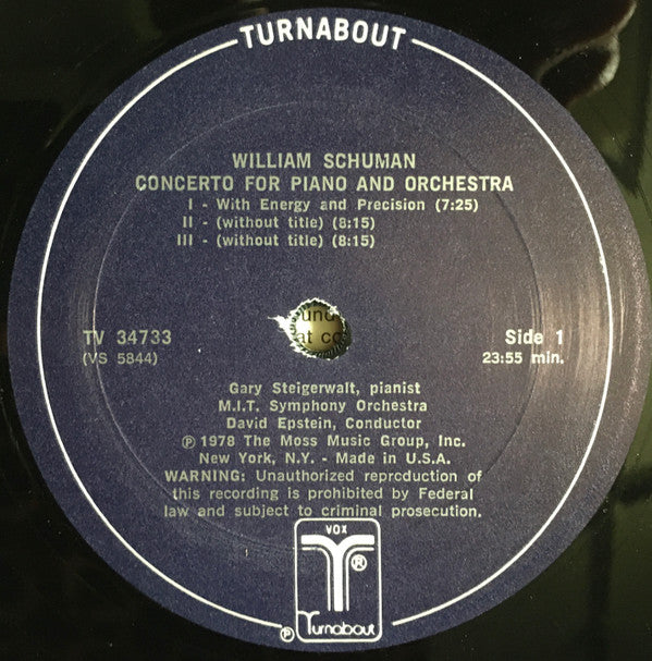 William Schuman / Walter Piston - Gary Steigerwalt : Concerto For Piano And Orchestra / Concertino For Piano And Chamber Orchestra (LP)