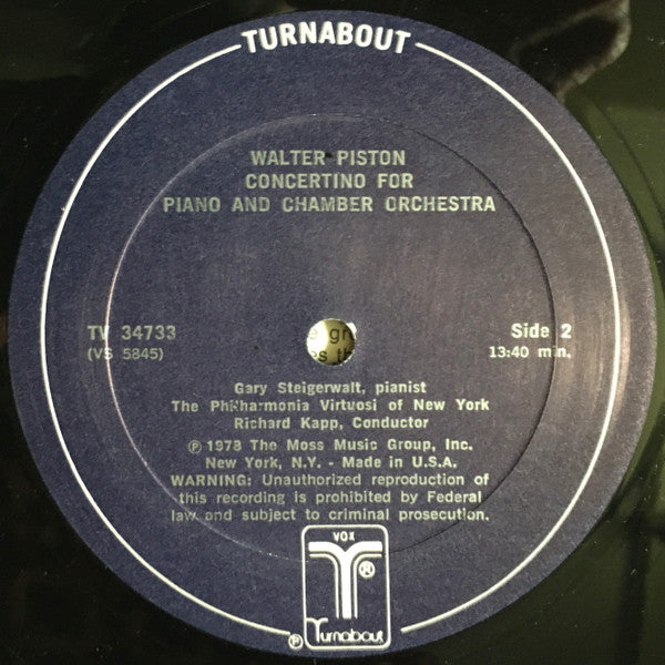 William Schuman / Walter Piston - Gary Steigerwalt : Concerto For Piano And Orchestra / Concertino For Piano And Chamber Orchestra (LP)
