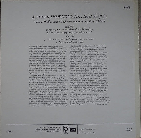 Gustav Mahler, Wiener Philharmoniker, Paul Kletzki : Symphony No.1 (LP, RE)