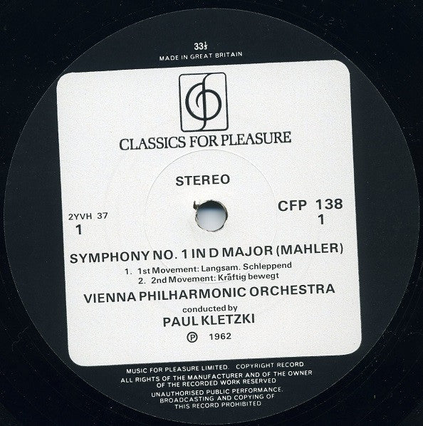 Gustav Mahler, Wiener Philharmoniker, Paul Kletzki : Symphony No.1 (LP, RE)