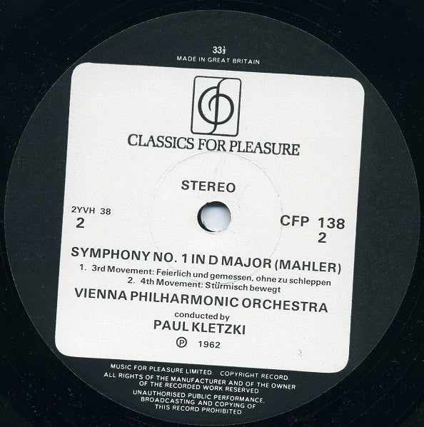 Gustav Mahler, Wiener Philharmoniker, Paul Kletzki : Symphony No.1 (LP, RE)