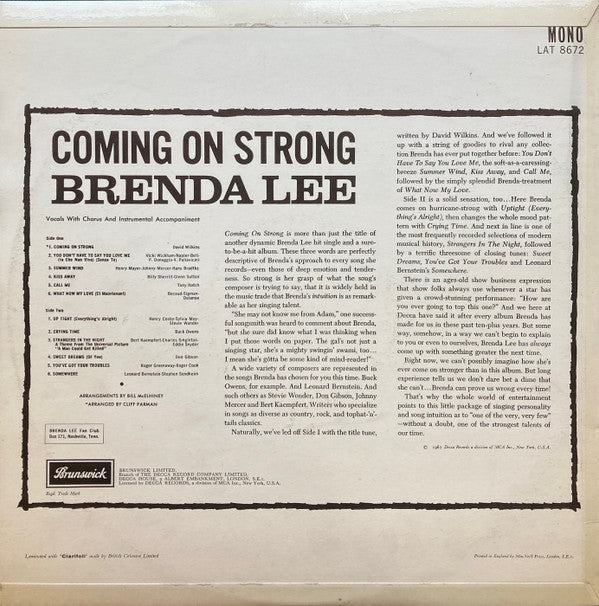 Brenda Lee : Coming On Strong (LP, Album, Mono)