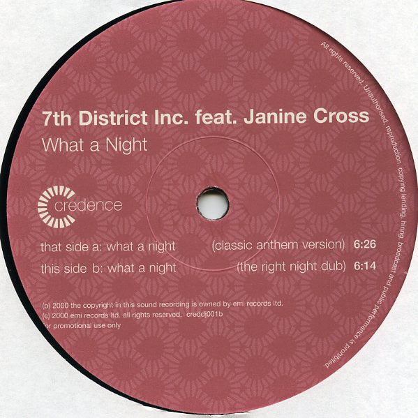 7th District Inc. Featuring Janine Cross : What A Night (2x12", Promo)