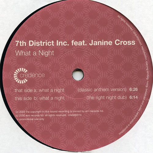 7th District Inc. Featuring Janine Cross : What A Night (2x12", Promo)