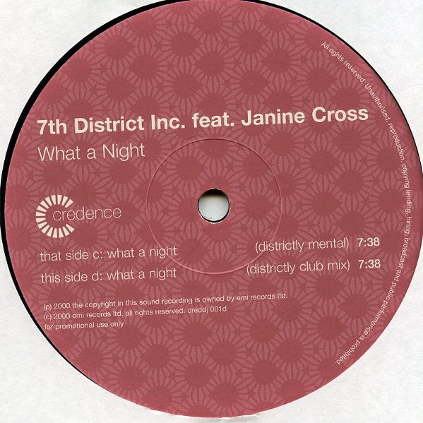 7th District Inc. Featuring Janine Cross : What A Night (2x12", Promo)