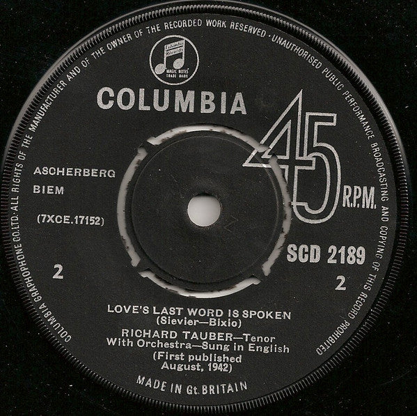 Richard Tauber : Tristesse (So Deep Is The Night) / Love's Last Word Is Spoken (7")