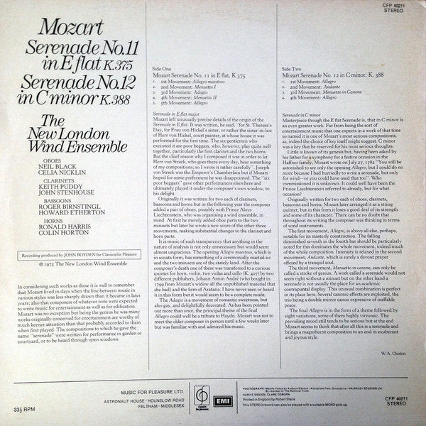Wolfgang Amadeus Mozart : Serenade No. 11 in E flat K.375 / Serenade No. 12 in C minor K.388 The New London Wind Ensemble (LP, Album)