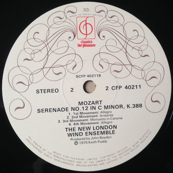 Wolfgang Amadeus Mozart : Serenade No. 11 in E flat K.375 / Serenade No. 12 in C minor K.388 The New London Wind Ensemble (LP, Album)