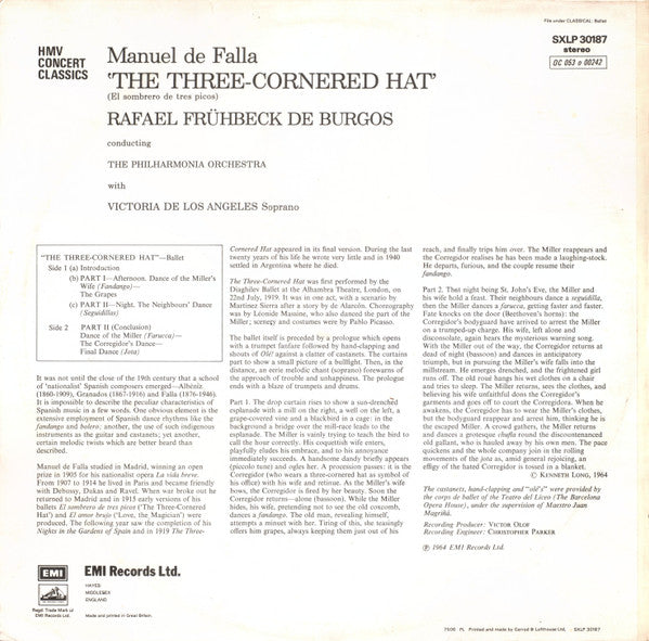 Manuel De Falla : Victoria De Los Angeles / Philharmonia Orchestra, Rafael Frühbeck De Burgos : The Three Cornered Hat (Complete Ballet) (LP, Album, RE, RP)