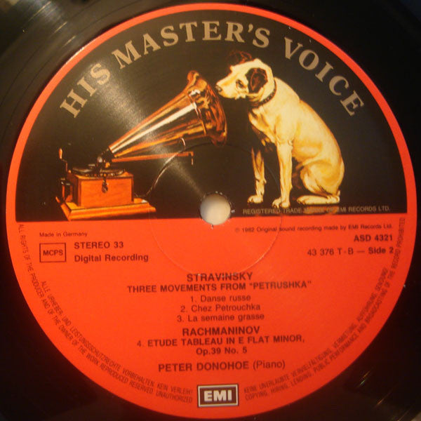 Peter Donohoe / Igor Stravinsky / Sergei Prokofiev / Sergei Vasilyevich Rachmaninoff : Three Movements From 'Petrushka' / Sonata No.6 In A Op.82 / Étude Tableau In E Flat Minor Op.39 No.5 (LP)