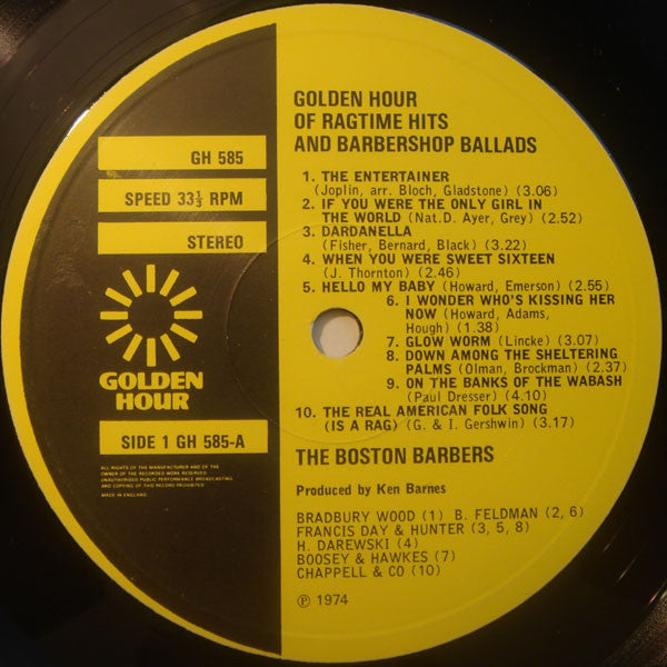 The Boston Barbers : Golden Hour Of Ragtime Hits And Barbershop Ballads (LP)