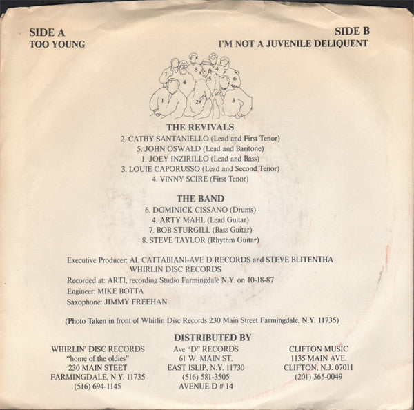 The Revivals (3) : Too Young B/W I'm Not A Juvenile Delinquent (7")
