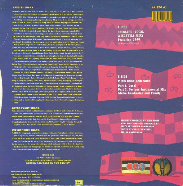 Afrika Bambaataa & Family Featuring UB40 : Reckless (Vocal Wildstyle Mix) (12", Single)