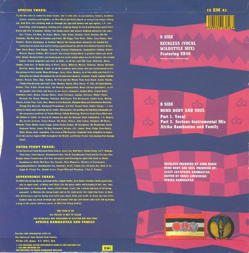 Afrika Bambaataa & Family Featuring UB40 : Reckless (Vocal Wildstyle Mix) (12", Single)