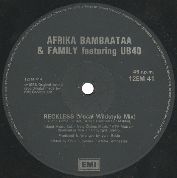 Afrika Bambaataa & Family Featuring UB40 : Reckless (Vocal Wildstyle Mix) (12", Single)