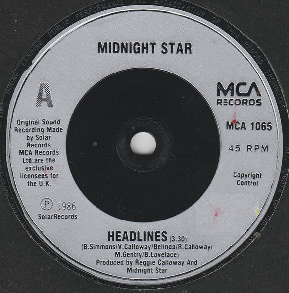Midnight Star : Headlines (7" Pop Mix) (7", Single, Sil)