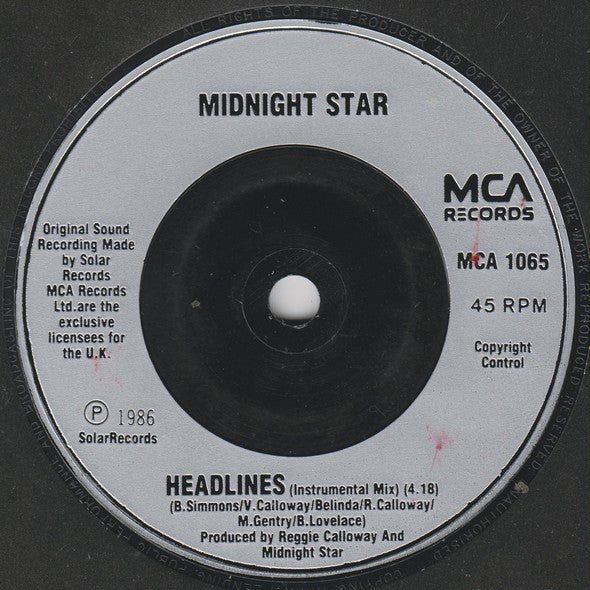 Midnight Star : Headlines (7" Pop Mix) (7", Single, Sil)