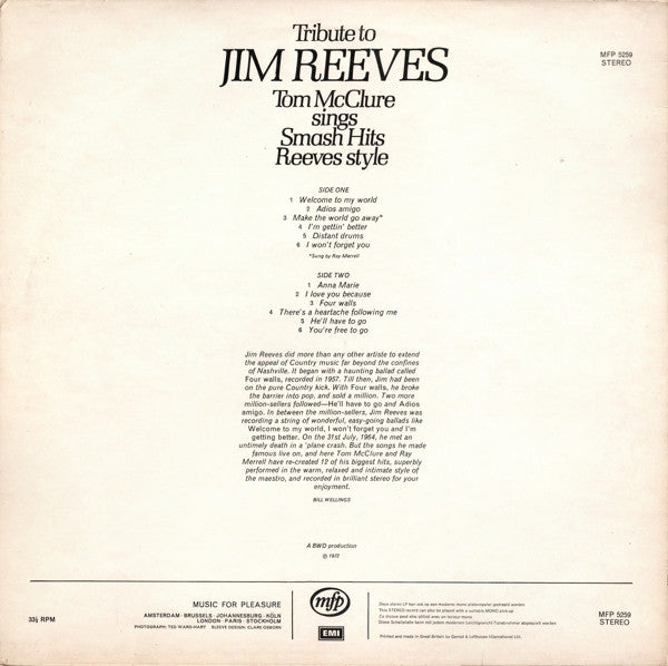 Tom McClure (2) : Tribute To Jim Reeves (LP, Album, Whi)