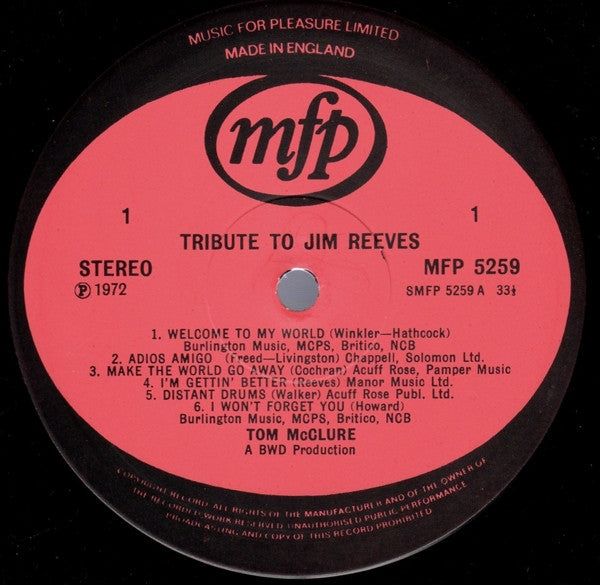 Tom McClure (2) : Tribute To Jim Reeves (LP, Album, Whi)
