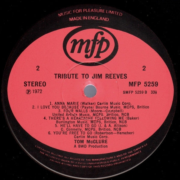 Tom McClure (2) : Tribute To Jim Reeves (LP, Album, Whi)
