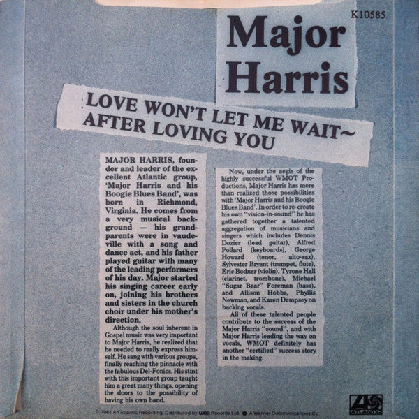 Major Harris : Love Won't Let Me Wait / After Lovin' You (7", Single, RE)