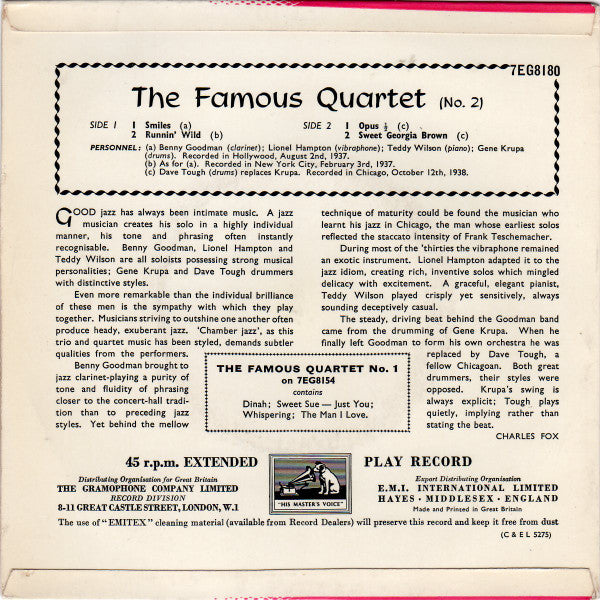 The Benny Goodman Quartet : The Famous Quartet (No. 2) (7", EP, Mono)
