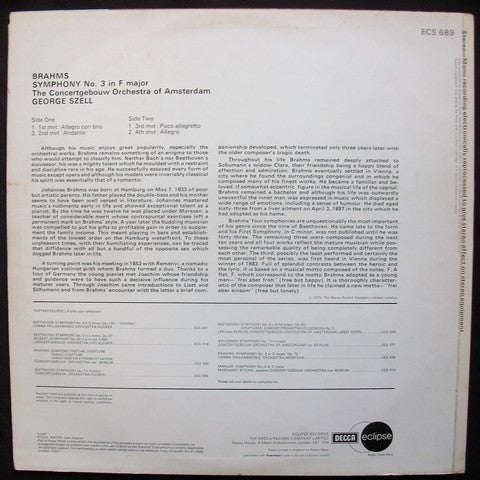 Johannes Brahms, Concertgebouworkest, George Szell : Symphony No. 3 (LP, RE, RM)