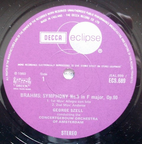 Johannes Brahms, Concertgebouworkest, George Szell : Symphony No. 3 (LP, RE, RM)