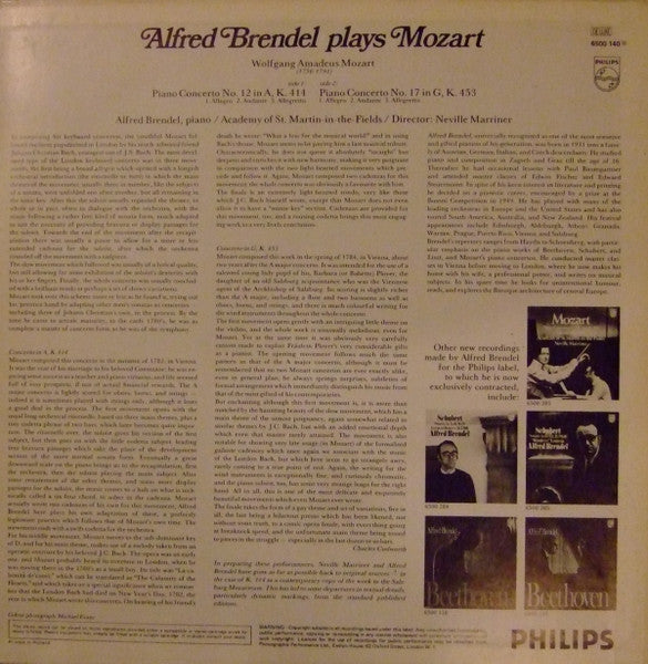 Alfred Brendel Plays Wolfgang Amadeus Mozart, The Academy Of St. Martin-in-the-Fields, Sir Neville Marriner : Piano Concertos K. 414 And K. 453 (LP)