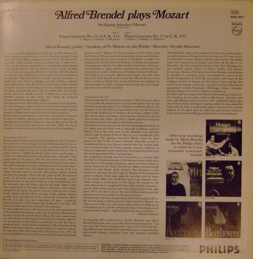 Alfred Brendel Plays Wolfgang Amadeus Mozart, The Academy Of St. Martin-in-the-Fields, Sir Neville Marriner : Piano Concertos K. 414 And K. 453 (LP)