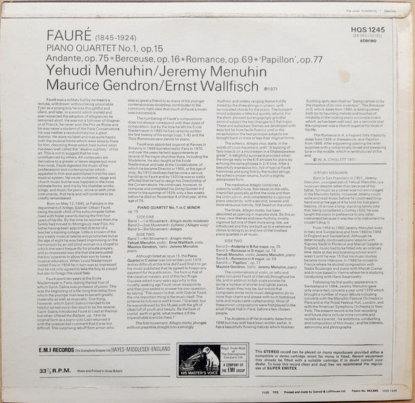 Gabriel Fauré, Yehudi Menuhin, Jeremy Menuhin, Maurice Gendron, Ernst Wallfisch : Piano Quartet No.1, Op.15 / Andante, Op. 75 / Berceuse, Op. 16/ Romance, Op. 69 / 'Papillon', Op. 77 (LP)