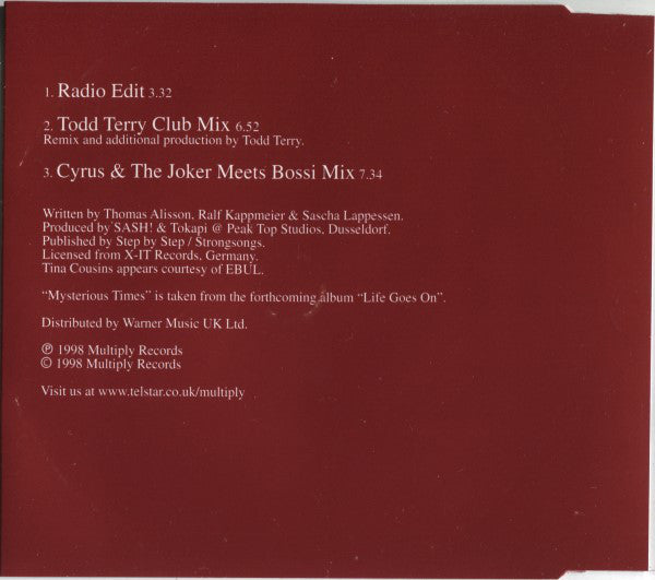 Sash! Feat. Tina Cousins : Mysterious Times (CD, Single)
