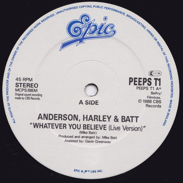 Jon Anderson, Steve Harley & Mike Batt : Whatever You Believe (12", Single)