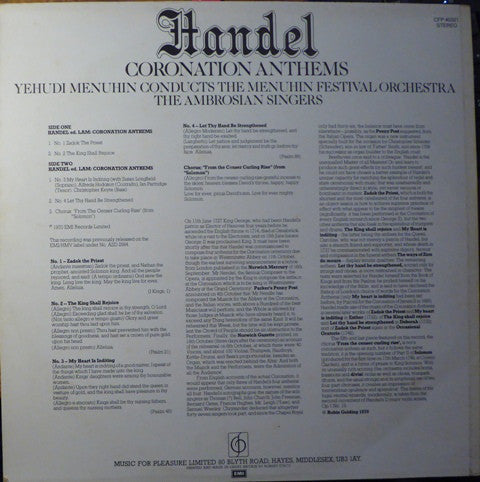 Georg Friedrich Händel, Yehudi Menuhin, Menuhin Festival Orchestra, The Ambrosian Singers : Handel: Coronation Anthems (LP, Album, RE)