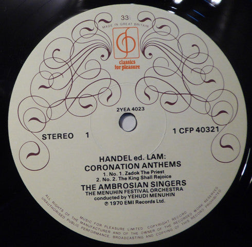 Georg Friedrich Händel, Yehudi Menuhin, Menuhin Festival Orchestra, The Ambrosian Singers : Handel: Coronation Anthems (LP, Album, RE)
