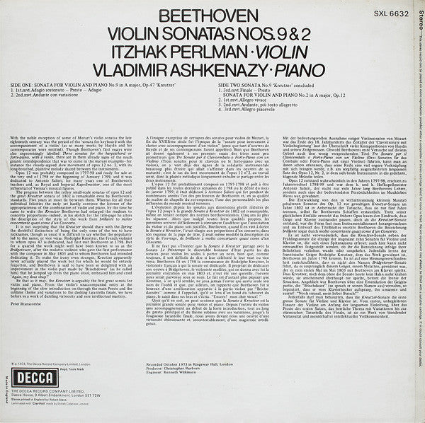 Ludwig van Beethoven, Itzhak Perlman & Vladimir Ashkenazy : Violin Sonatas No.9 "Kreutzer" & No.2 (LP)