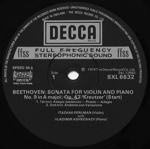 Ludwig van Beethoven, Itzhak Perlman & Vladimir Ashkenazy : Violin Sonatas No.9 "Kreutzer" & No.2 (LP)