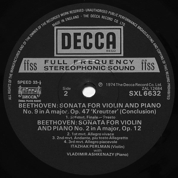 Ludwig van Beethoven, Itzhak Perlman & Vladimir Ashkenazy : Violin Sonatas No.9 "Kreutzer" & No.2 (LP)