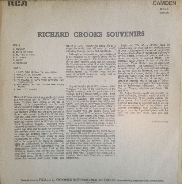 Richard Crooks (2) : Souvenirs (LP, Album, Mono)