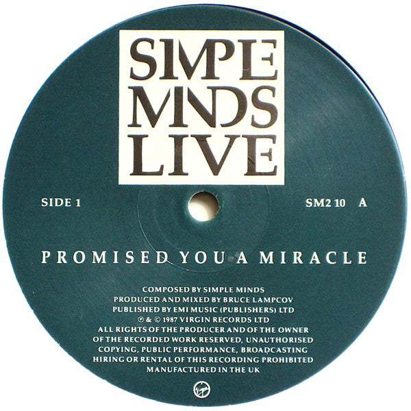 Simple Minds : Promised You A Miracle / Book Of Brilliant Things (Simple Minds Live) (10", Single, Ltd, Pos)