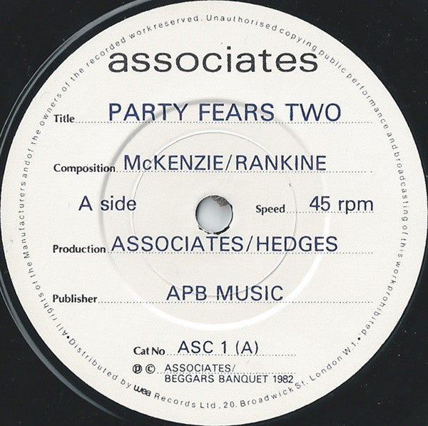 The Associates : Party Fears Two (7", Single)