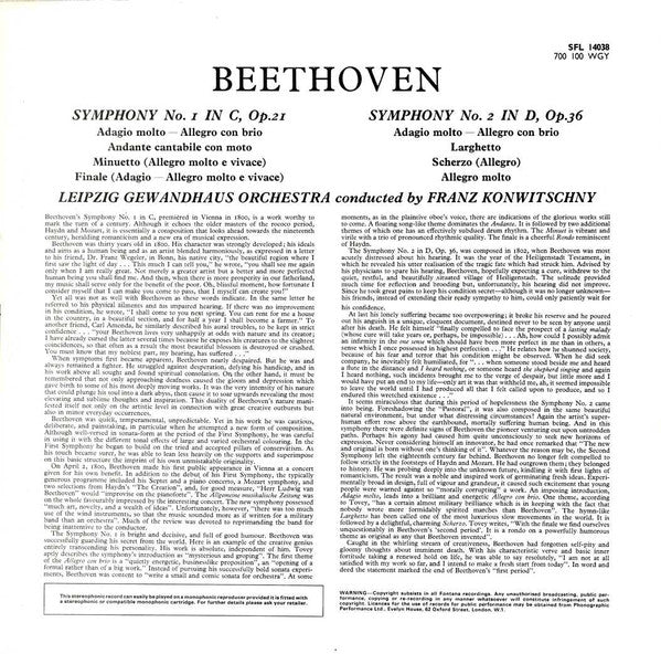 Ludwig van Beethoven, Gewandhausorchester Leipzig Conducted By Franz Konwitschny : Symphony No. 1 In C, Op. 21 / Symphony No. 2 In D, Op. 36 (LP)
